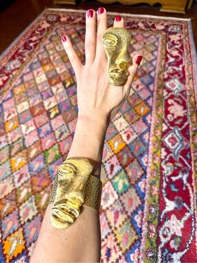 Gold Face Cuff Bracelet and Ring Set